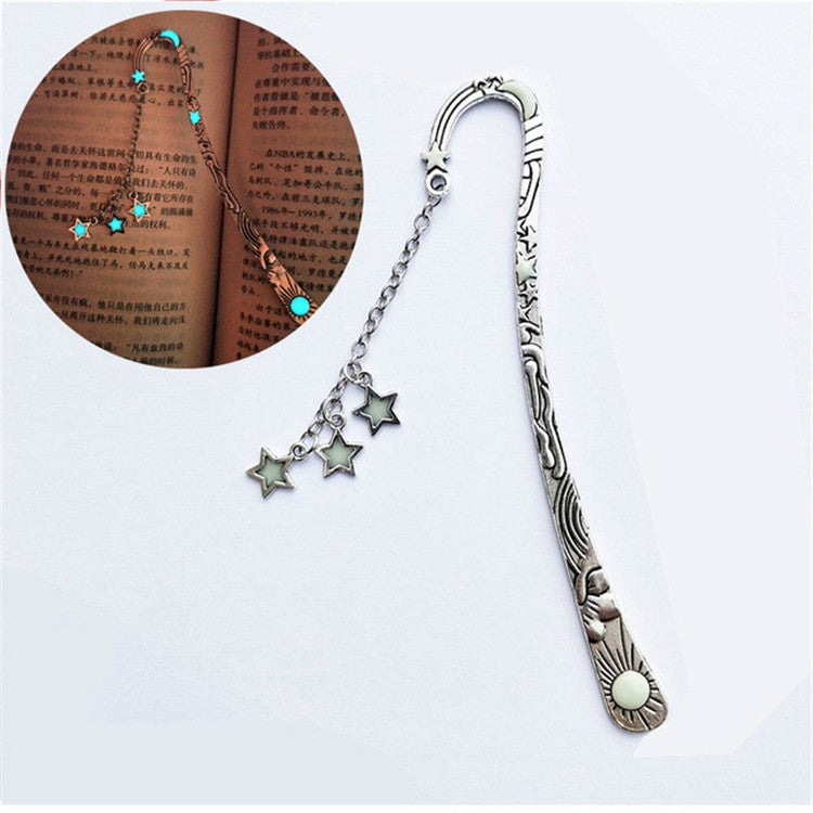 Silver metal bookmark with chain and hanging star charms