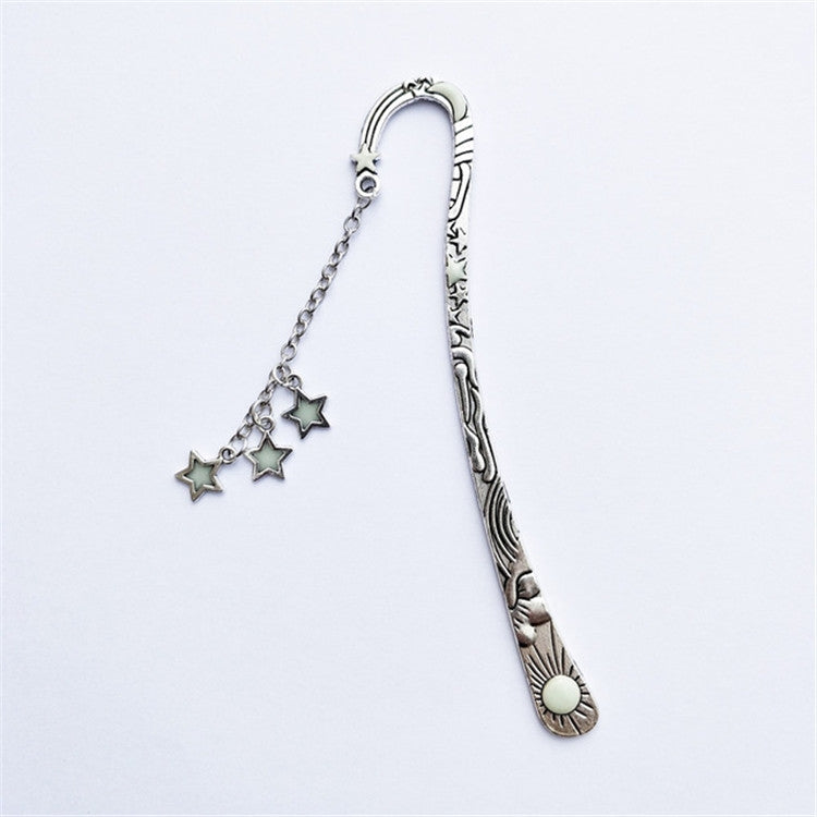 Silver metal bookmark with star charm chain and engraved handle