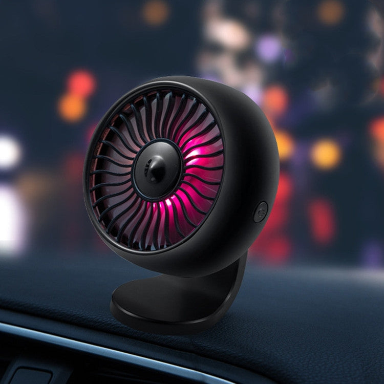 Black car mini USB fan with front grille and pink LED airflow ring