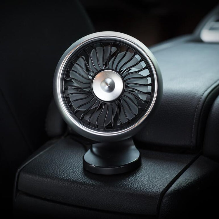 Chrome-trim car mini USB fan with black grille and silver center cap