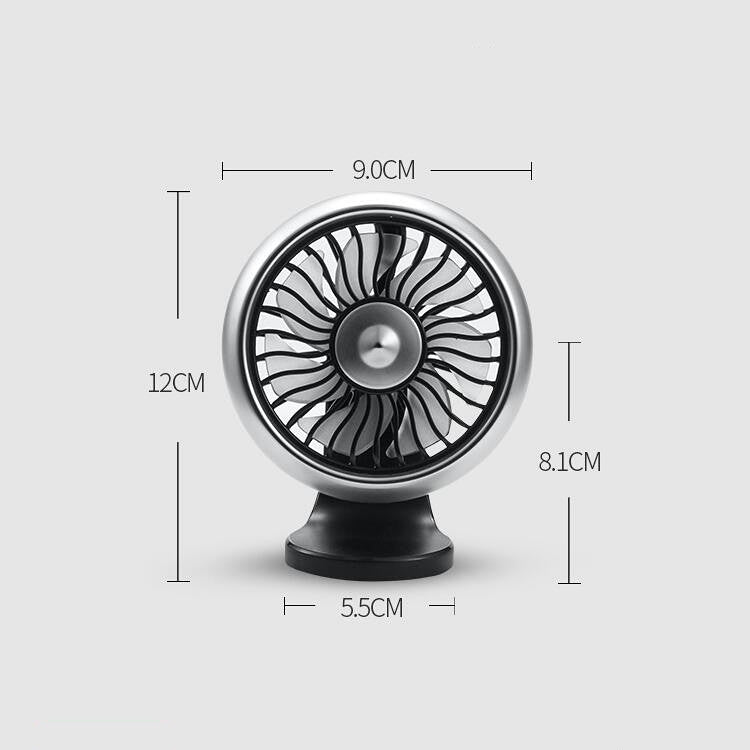 Car mini USB fan size diagram with 9.0cm, 12cm, and 8.1cm measurements