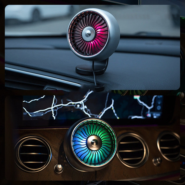 Car mini USB fan on dashboard with multi-color LED airflow ring