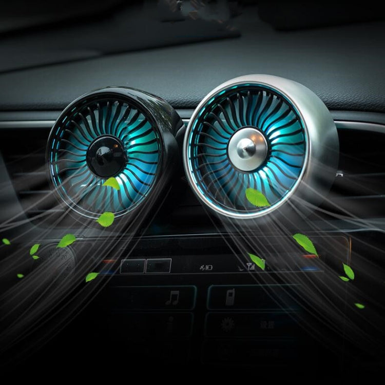 Two car mini USB fans with blue LED airflow rings on dashboard