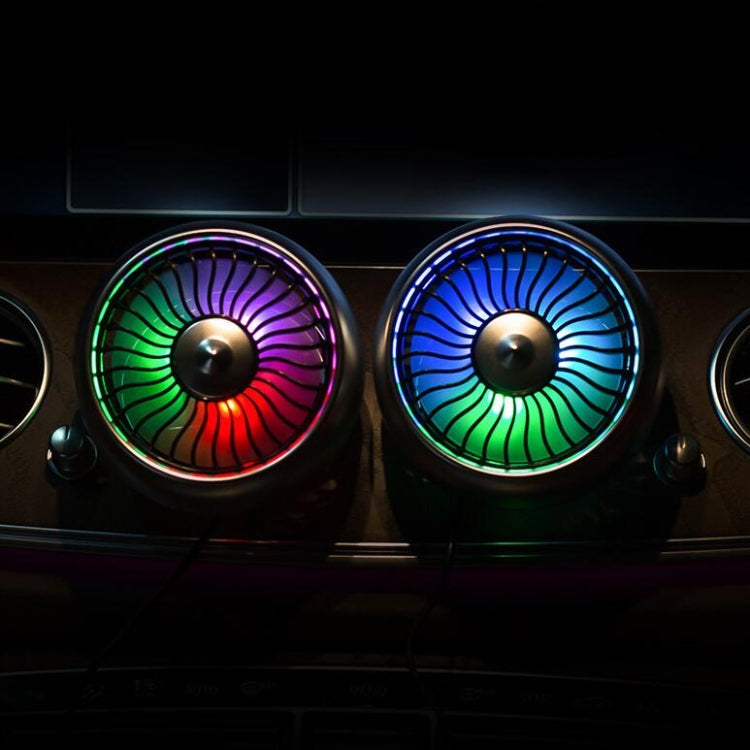 Two car mini USB fans with rainbow LED airflow rings