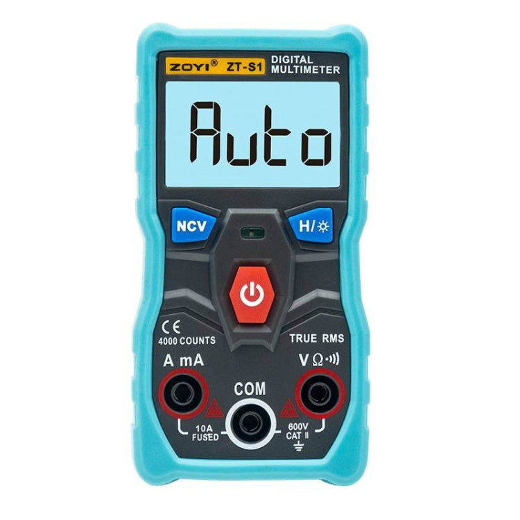 Teal mini digital multimeter with LCD reading and probe connection buttons