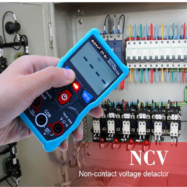 Handheld teal ZOYI digital multimeter showing display and NCV detection buttons