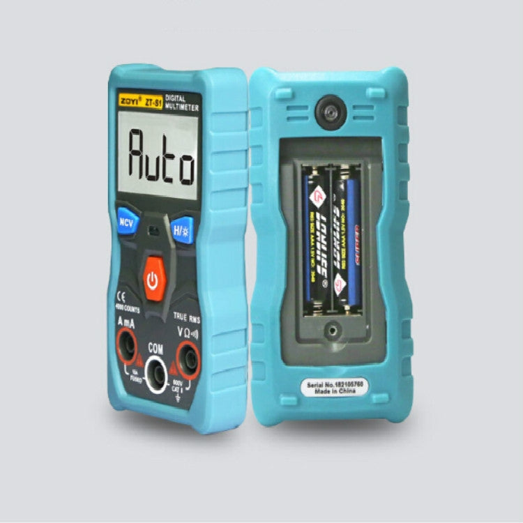 Teal mini digital multimeter back view with battery compartment cover