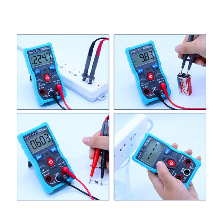 Teal digital multimeter in hand displaying readings with connected test probes