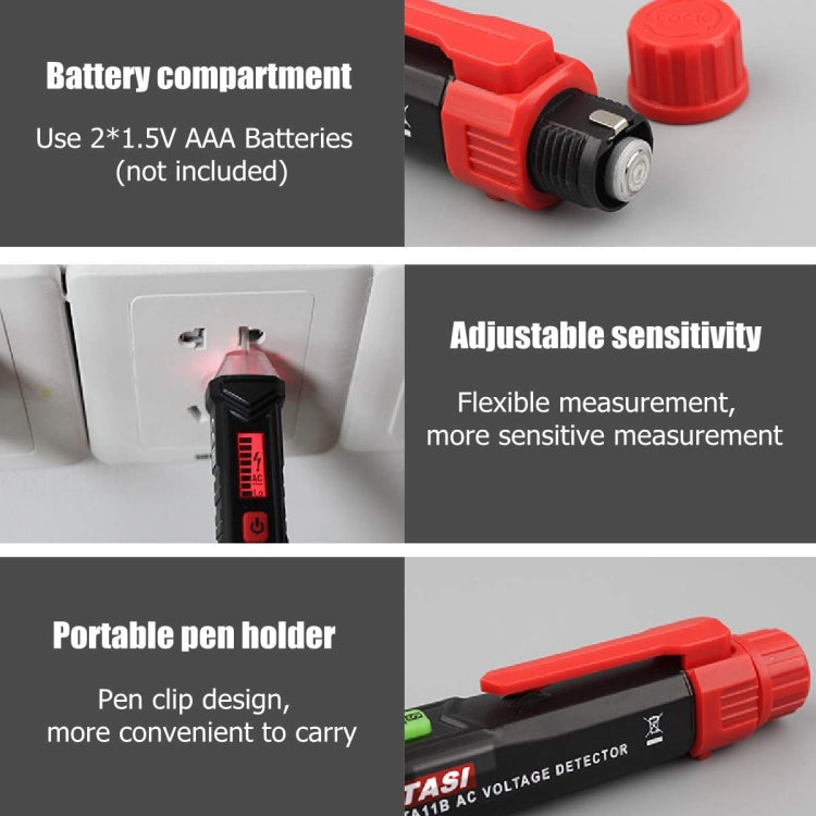 Voltage tester pen showing red battery compartment and adjustable sensitivity controls