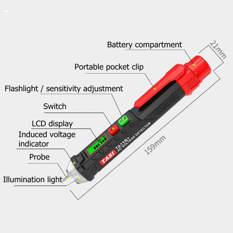 Voltage detector pen diagram with labeled features including probe, switch, and LCD