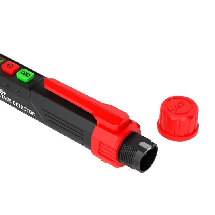 Voltage tester pen end view with red lock knob and black probe housing