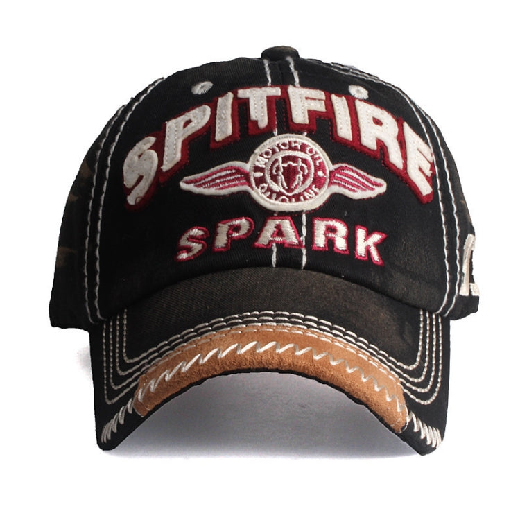 Black baseball cap with SPARK embroidery, circular emblem patch, stitched brown brim