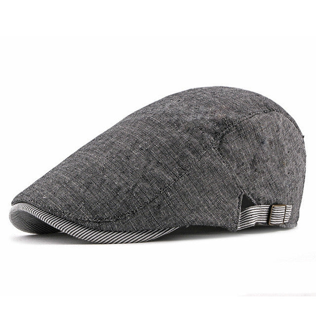 Dark gray cotton-linen beret with striped brim trim and adjustable side strap