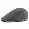 Dark gray cotton-linen beret side profile with striped brim trim