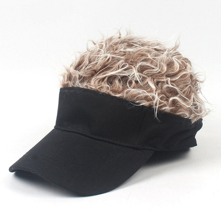 Black baseball cap with beige curly wig hair on top and curved visor.