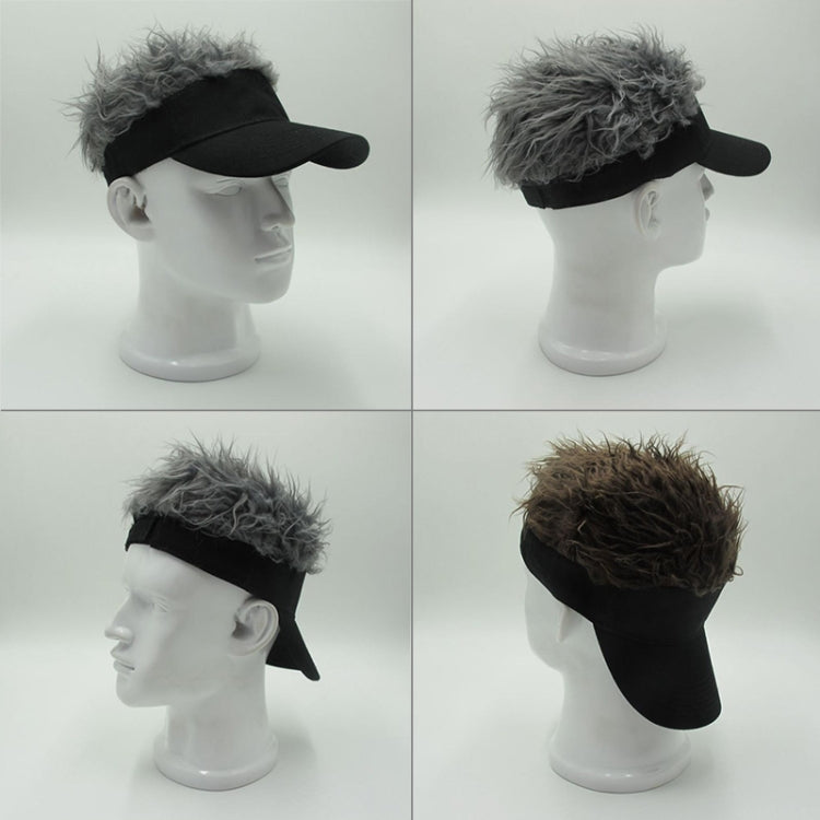 Black visor cap with shaggy wig hair, shown in multiple mannequin angles.
