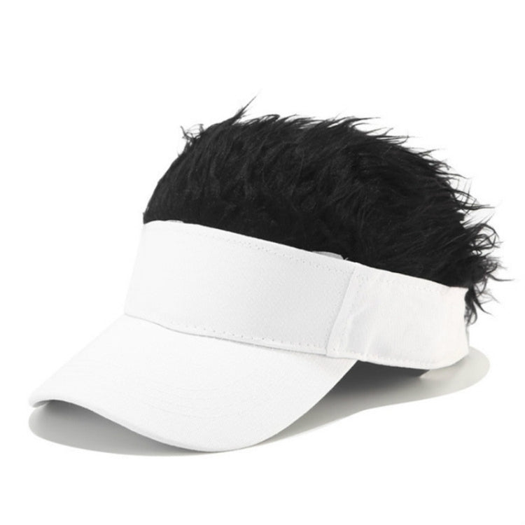 White baseball cap with black shaggy wig hair on top and curved visor.