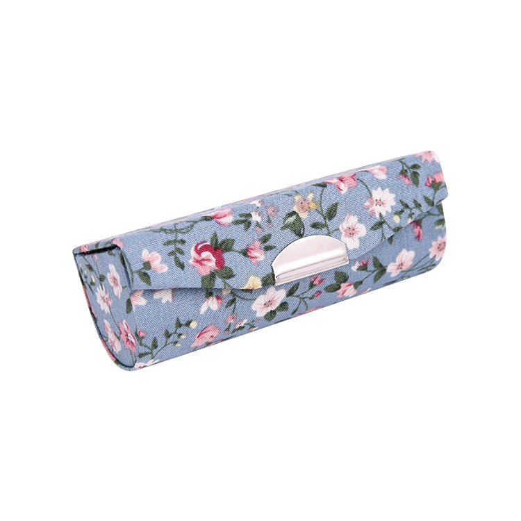 Blue floral portable makeup mirror case with clasp and arched top handle