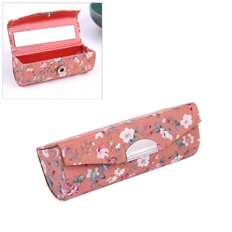 Peach floral portable makeup mirror case with clasp, shown closed and open inset