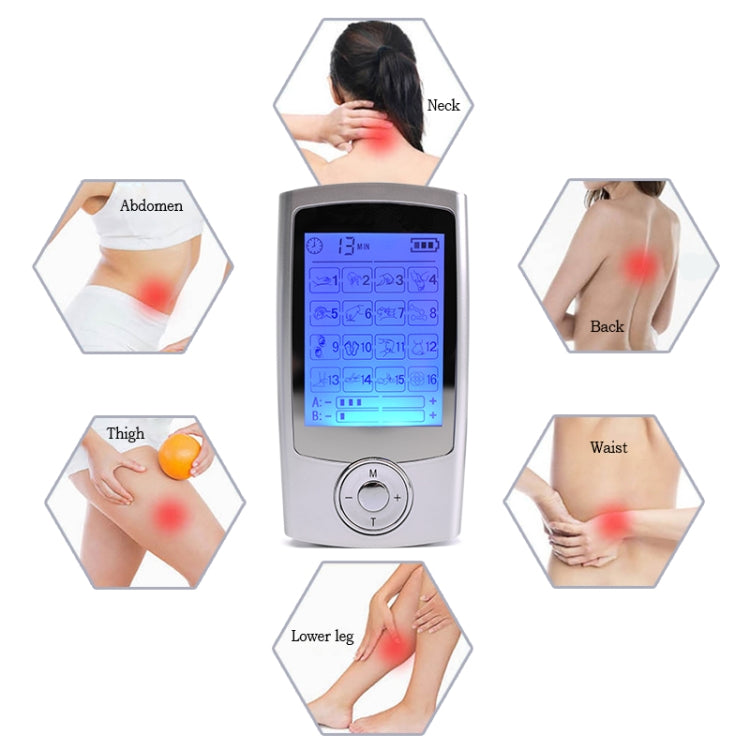 Pulse massager with pads applied to neck, back, abdomen, waist, thigh, and lower leg