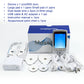 Digital pulse massager kit with adhesive pads, cables, adapter, and instruction manual