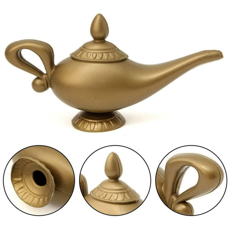 Gold plastic magic lamp prop with pointed lid, curved spout, side handle