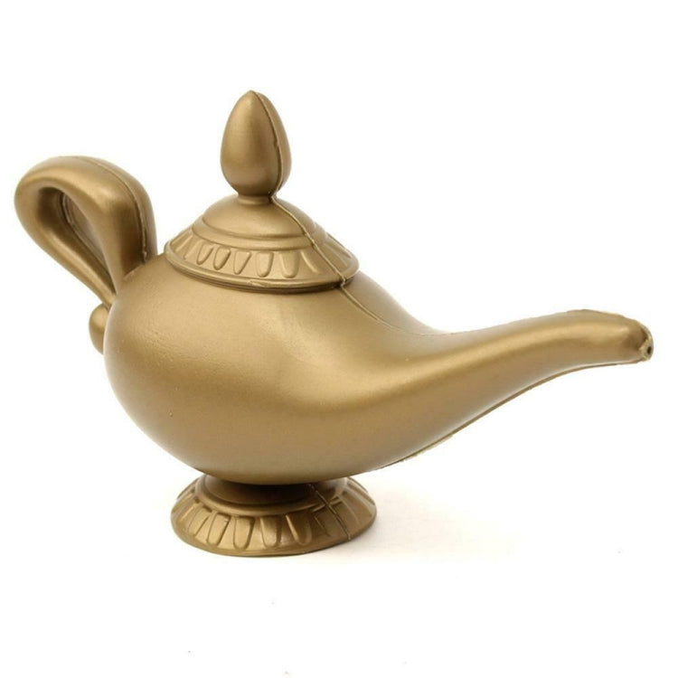 Gold genie lamp prop with pointed top, long spout, rounded base and finial