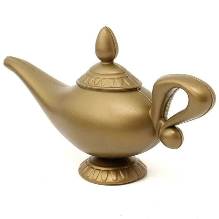 Gold magic lamp prop angled view with pointed lid, large side handle, curved spout