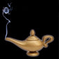 Gold magic lamp prop with pointed finial top, curved spout, and side handle