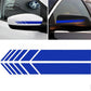 Rearview mirror sticker strip with blue diagonal stripes on white and black mirror covers