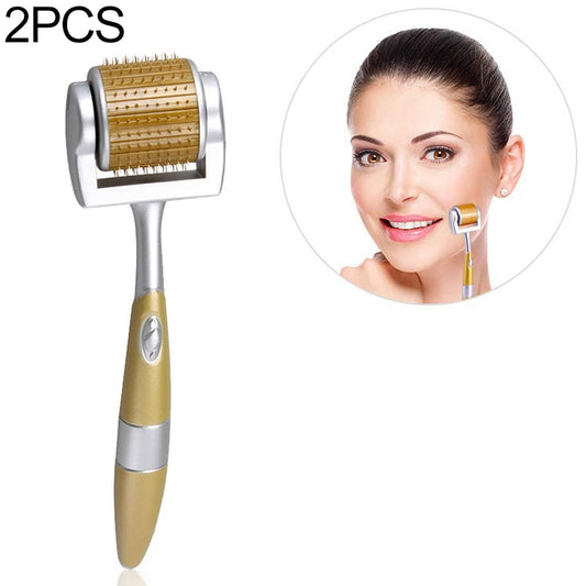 Titanium microneedle facial roller with gold needle drum and ergonomic handle