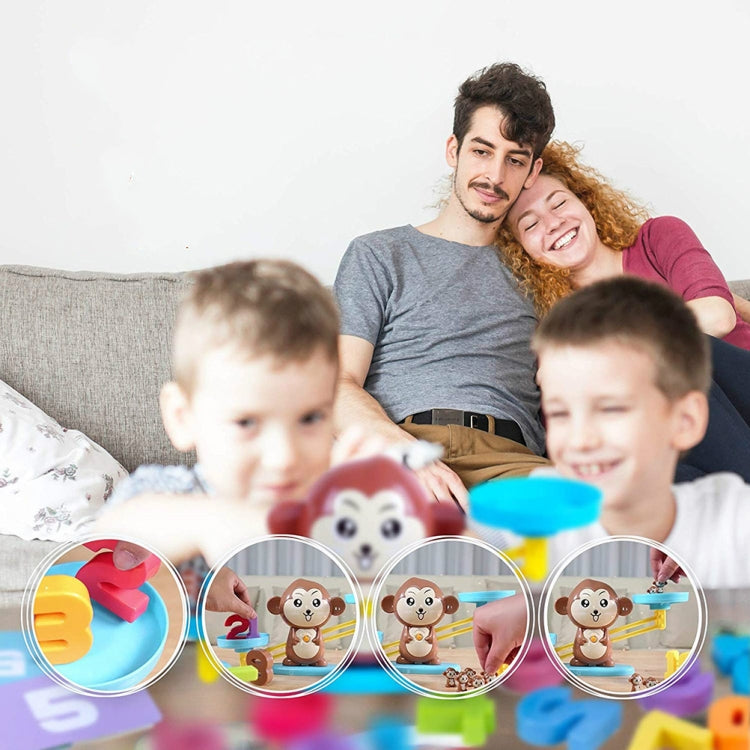 Kids playing with a pink monkey number balance scale toy and colorful counting pieces