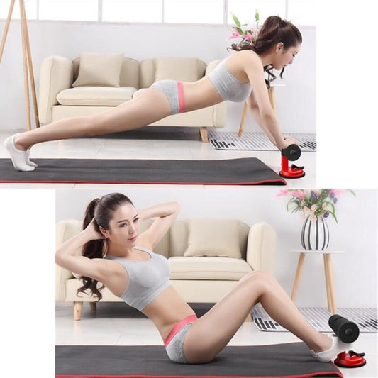 Height adjustable sit-up auxiliary machine with red foam rollers and suction base