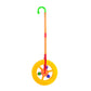 Plastic push toy walker with one yellow spinning wheel and orange/yellow handle