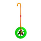 Plastic push toy walker with one green spinning wheel and orange/yellow handle