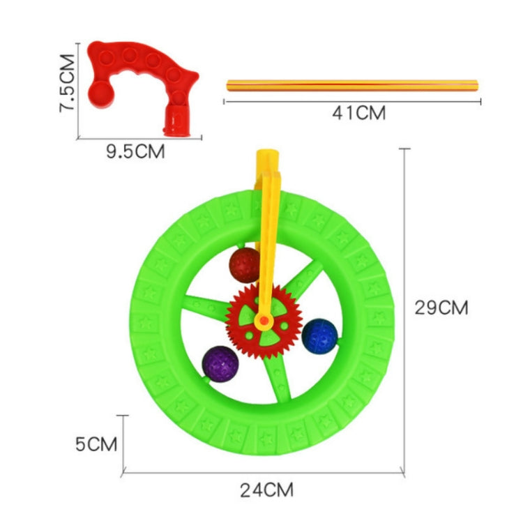 Green plastic baby walker wheel with colorful gears and yellow/orange push bar
