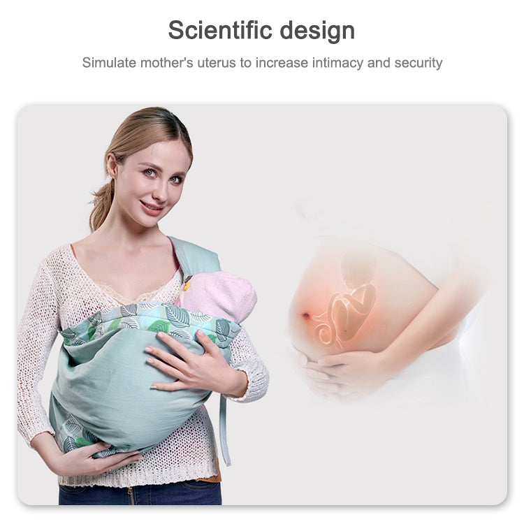 Mint green baby multifunctional strap worn by parent with baby inside