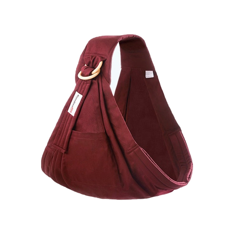 Baby fabric carry sling, maroon red with gathered hood and front pocket