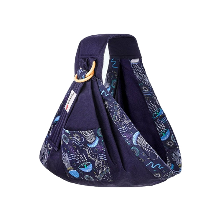 Baby fabric carry sling, navy blue with sea-life print lining and hood