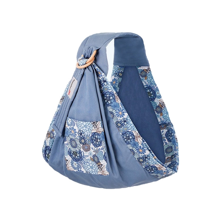 Baby fabric carry sling, light blue with floral patterned lining and hood