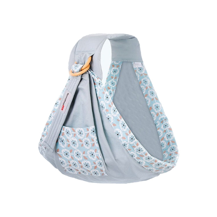 Baby fabric carry sling, light gray-blue with floral patterned lining and hood