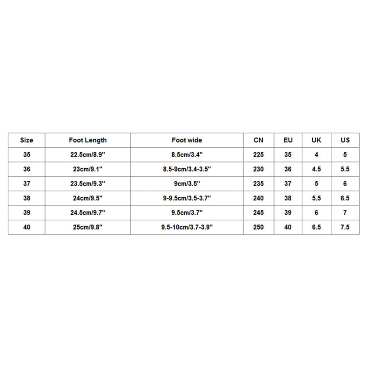 Size chart table for sandals showing foot length and width by size