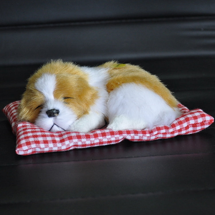Plush sleeping dog ornament toy, white and light tan, in red plaid bed