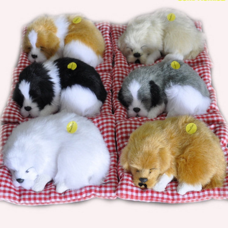 Set of plush sleeping dog ornament toys, mixed colors, in red plaid beds