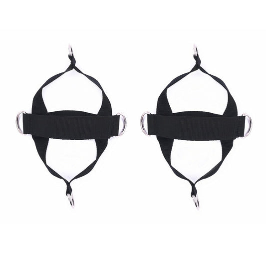 Two black shoe cover pull-rope straps with metal rings and front pull tab