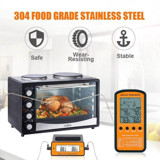 Wireless dual-probe digital thermometer with orange screen and probe cables for cooking