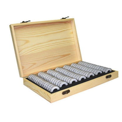 Wooden coin storage box with open lid and arranged coin roll slots