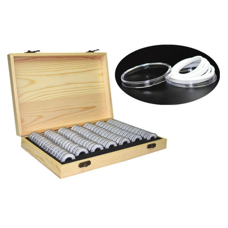 Wooden coin storage box with open lid and coin rolls plus small metal tray
