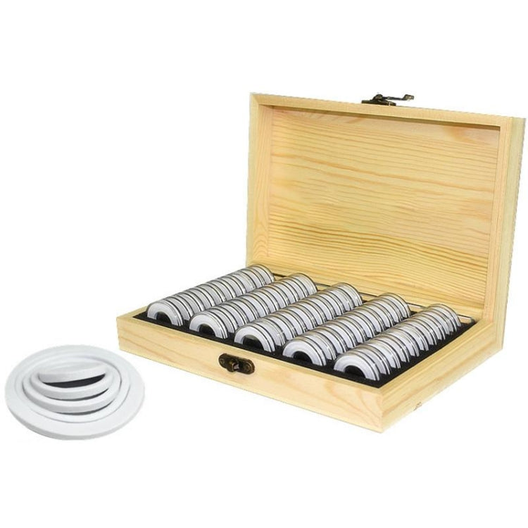 Wooden coin storage box with coin rolls and loose protective rings