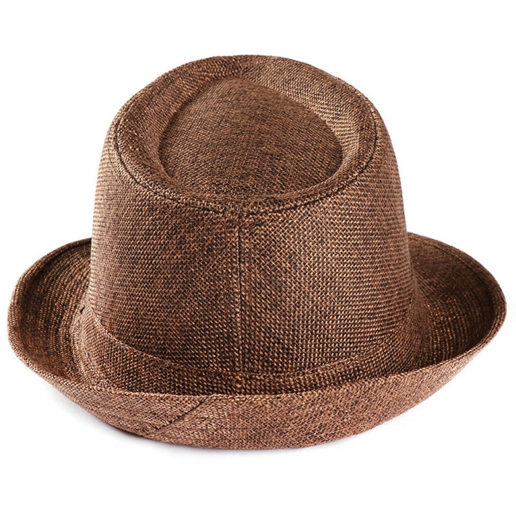 Brown woven sun visor hat with short brim and stitched band, front view.